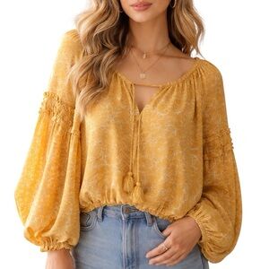 Free People Intimately Mustard Boho Blouse XL Flowy Peasant Balloon Sleeve